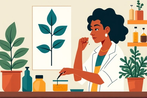 Illustration of VitalAscent's early beginnings, showing a person thoughtfully mixing natural ingredients in a clean, bright lab setting with a blueprint of a plant in the background, symbolizing growth and innovation.