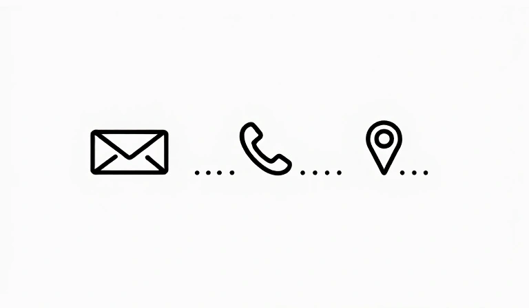 Illustration of contact icons: email, phone, and address pin